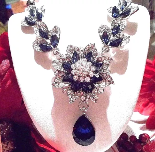 Betsey Johnson Elegant Sapphire Blue Crystal & Silver Water Flower Drop Necklace