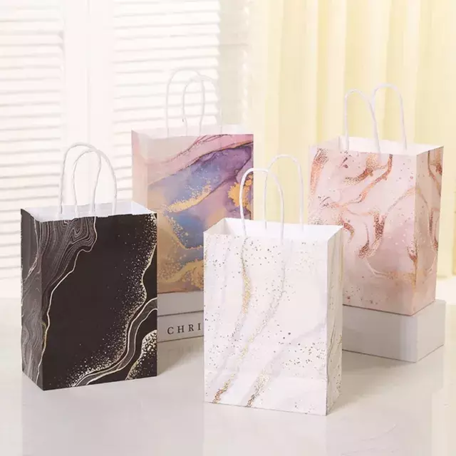 5pcs Mármol Diseño Kraft Bolsas de Papel con Mango Fiesta Cumpleaños Regalo Boda