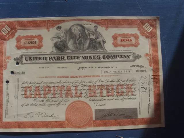 alte Aktie United Park City Mines Company 1970 Capital Stock 100 Shares 1970 USA