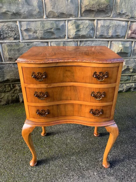 Antique Figured Walnut 3 Draw Bedside Chest Draws