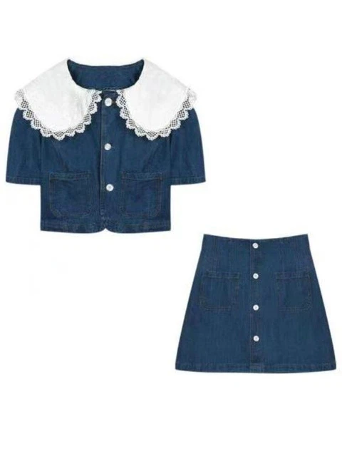 Pizzo Bavero Top Vita Alta a-Line Gonna Abiti Stile Coreano Estate Jeans 2pcs Di