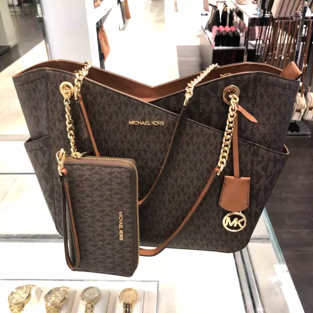 Michael Kors Large Shoulder Chain Tote Bag Satchel Purse Handbag+Wallet -Brown