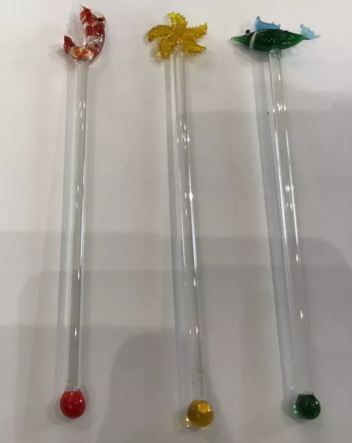 Vintage Glass Swizzle Sticks Drink Stirrers -Ocean/Beach -20cm (my379)