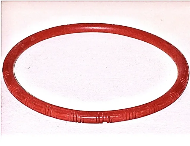 Antique Shou Chinese Cinnabar Greek Key Bangle Bracelet Red Hand Carved Thin Vtg
