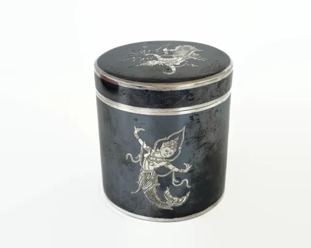 Vintage Siam Sterling Silver Nielloware Lidded Jar With Mythological Figures