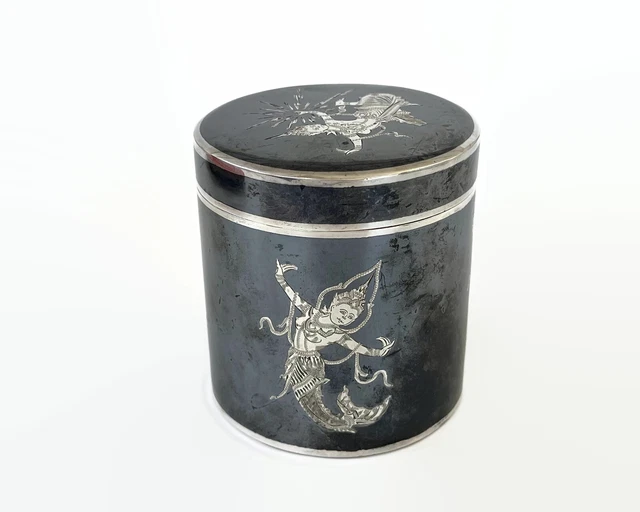 Vintage Siam Sterling Silver Nielloware Lidded Jar With Mythological Figures Vintage Siam Sterling Silver Nielloware Lidded Jar With Mythological Figures