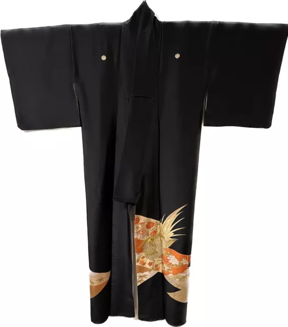 VINTAGE JAPANESE BLACK SILK KIMONO, 100% SILK, GOLDEN EMBROIDERY, Handmade