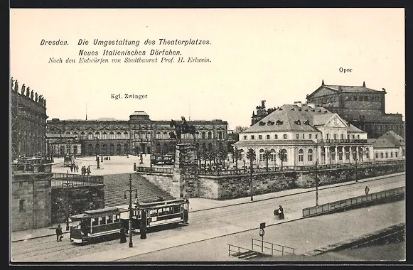Dresden, Strassenbahn am Theaterplatz, Oper, Kgl. Zwinger, Ansichtskarte