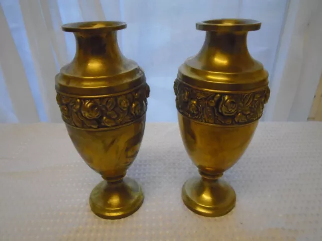 A Pair of Antique Brass Roses Design Vases by "Beldray" Made In England