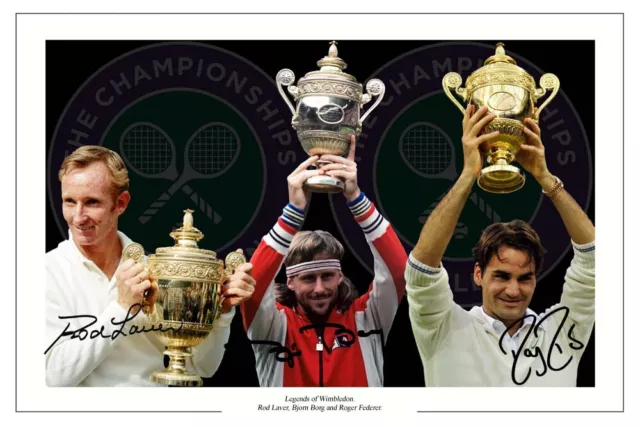 Rod Laver Bjorn Borg Roger Federer Signed Photo Print Autograph Wimbledon Tennis