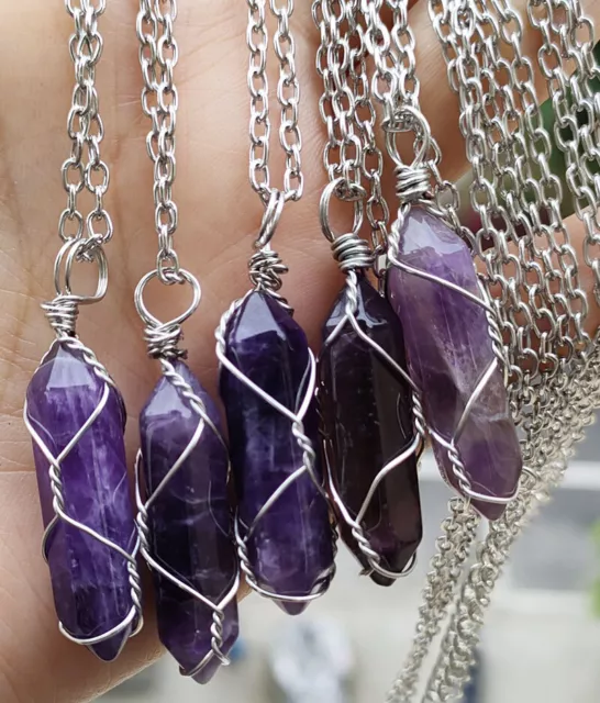 5pcs Amethyst Gems Pendants Necklace Chakra Reiki Healing Amulet