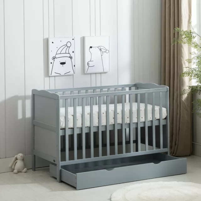 Grey Wooden Baby Cot Bed & Drawer & Aloe Vera Mattress (Orlando Drawer)