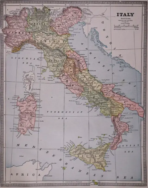 Old Antique 1885 Cram's Atlas Map ~ ITALY - SARDINIA - SICILY - CORSICA