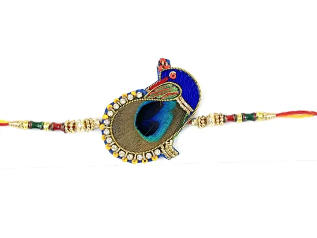 Blue Rakhi Peacock Beaded with Real Feather | Strings Bracelet Unisex from India