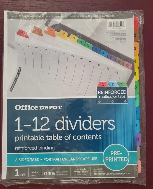 OFFICE DEPOT 112 Dividers Printable Table of Contents Reinforced
