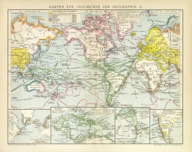 Geschichte der Geographie Entdeckungen Expeditionen Karte Lithographie ca. 1892