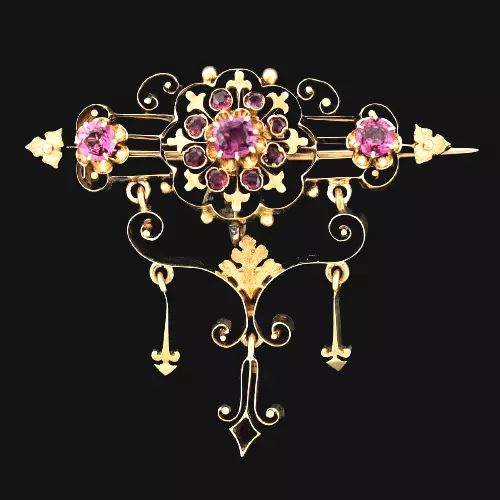 Art Nouveau Antike Gelbgold 14K Amethysten einzigartige Jugendstilbrosche 1890