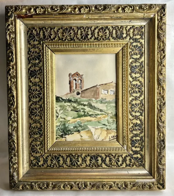 Tableau ancien signé J.Cruz Paysage Aquarelle