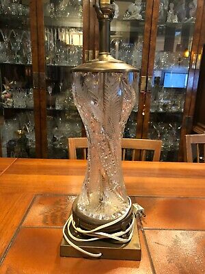 Vintage Bohemian Cut Crystal Glass & Brass Table Lamp, 21" Tall, 6 1/2" x 6 1/2"