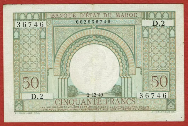 Banque D'etat Du Maroc 2. 12. 1949 50 Francs (Pick#44) Vf