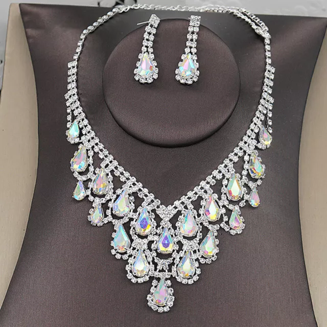 Bridal Jewelry Set for Women Rhinestone Crystal Earring Necklace Wedding Jewelry 3