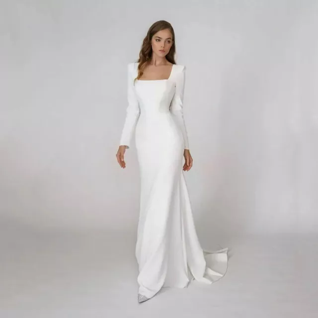 Mermaid Wedding Dress White Floor Length Court Train Long Sleeve Square Neck