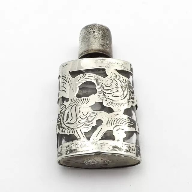 Sterling Silver Mexico Jose Marmolejo Etched Flowers Perfume Bottle