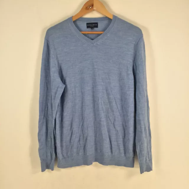 Reserve mens knit jumper size M merino wool blue long sleeve Vneck 070605