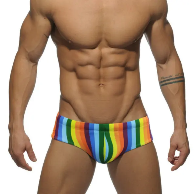Men Rainbow Striped Swim Briefs Swimwear Bikini Beach Surfboard Shorts Swimsuit