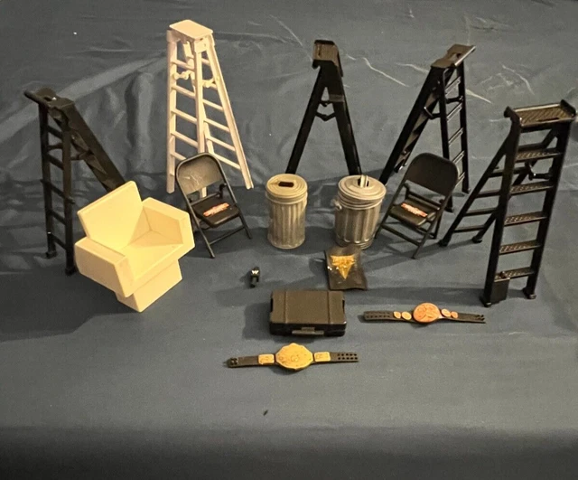 WWE Accessory Figure Lot Ladders Chairs Titles Garbage Cans Chairs WWE Accessory Figure Lot Ladders Chairs Titles Garbage Cans Chairs
