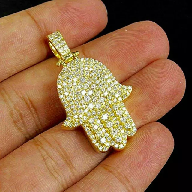 Solid 14K Yellow Gold 3 CT Round Cut Moissanite Pave Hamsa Hand Pendant Charm