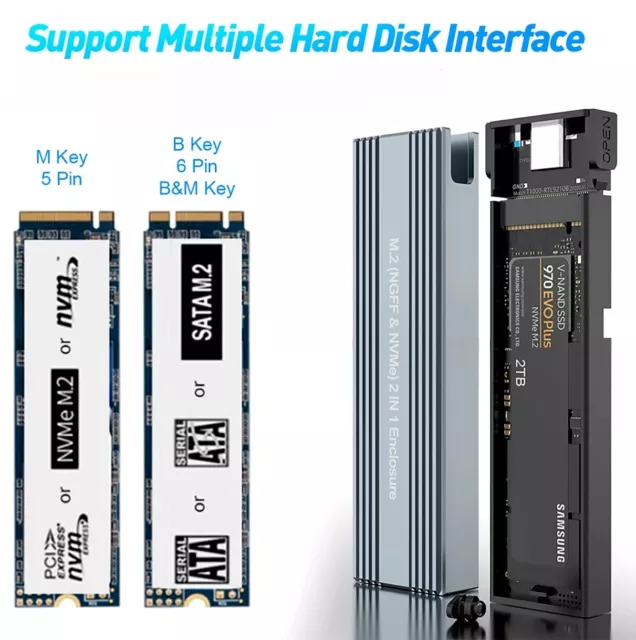 M.2 NVME NGFF SSD Adaptateur de Boîtier USB C 3.1 10Gbps SATA PCIe M-Key(B+M Key 3