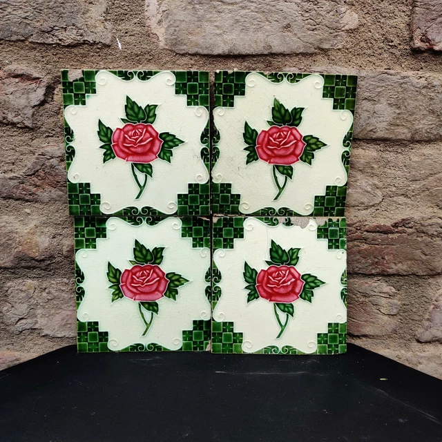 1940s Vintage Embossed Floral Design Majolica Art 4 Pcs Architecture Tile Japan