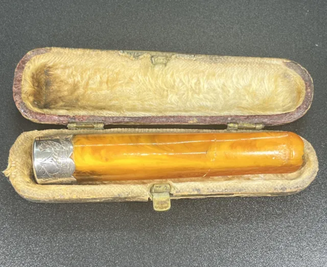 Antique Birmingham 1899 Sterling Silver Amber Cigarette Holder & Case Size 3.00”