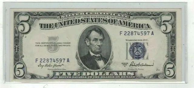 1953 A $5.00 Blue Seal Silver Certificate Rare US Currency Highly Collectible