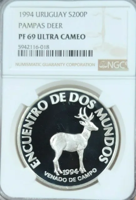 1994 Uruguay Silver 200 Pesos Pampas Deer Ngc Pf 69 Ultra Cameo Rare Top Pop