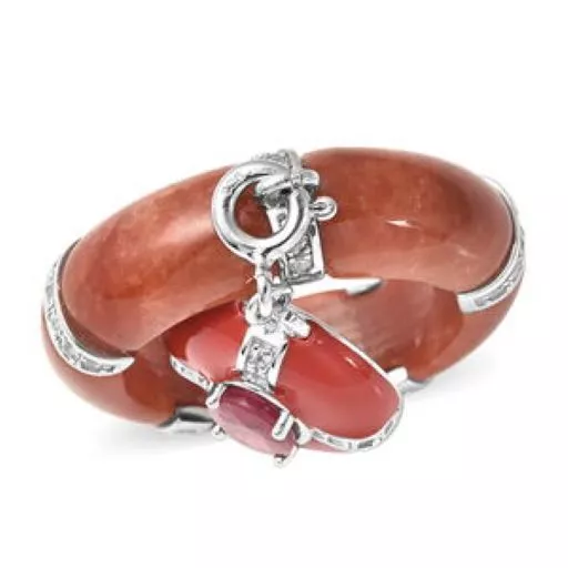 Red Jade Niassa Ruby Zircon Enameled Ring Charm Rhodium Over Sterling Silver SZ7