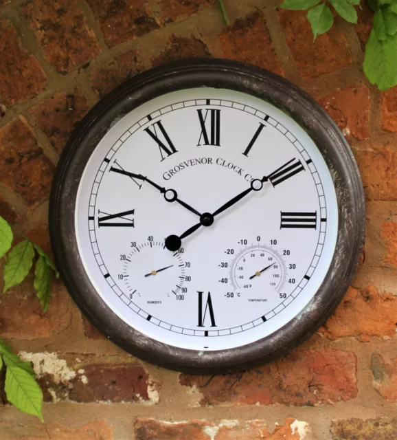 Garden Station Wall Clock with Thermomter Indoor Outdoor Roman 38cm Rust effect