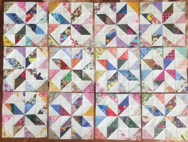 12 Scrappy PINWHEEL STARS Quilt Blocks Top Cotton Fabric Squares made in USA