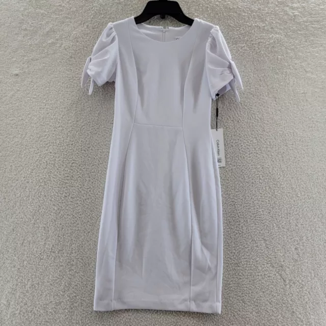 Calvin Klein Petite Tie-Sleeve Dress Women's 2P White Jewel Neck Zip Closure +