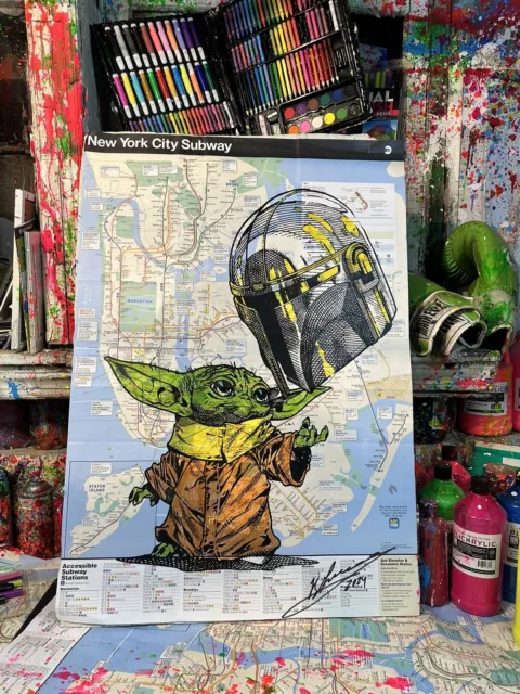 Baby Yoda Star Wars Hand Made On Original New York Subway Map