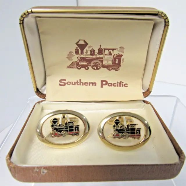 Southern Pacific Railroad Cufflinks  Train Locomotive Vintage with Box & Papers