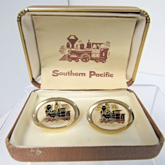 Southern Pacific Railroad Cufflinks  Train Locomotive Vintage with Box & Papers