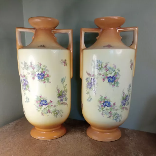 Antique, Pair or Edwardian Decorative, Austrian Vases with Floral Sprays, 39cm