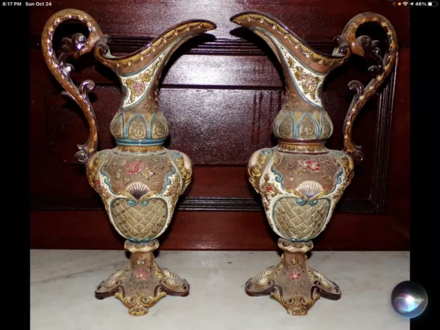 Antique W.S. & Son Victorian Majolica LONGWY MINTON Ceramic EWERS PlPorcelain