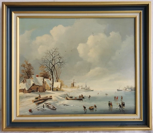 C PORTAL Tableau HUILE sur TOILE XXe Signe Patinoire sur fleuve Neige Paysage 2