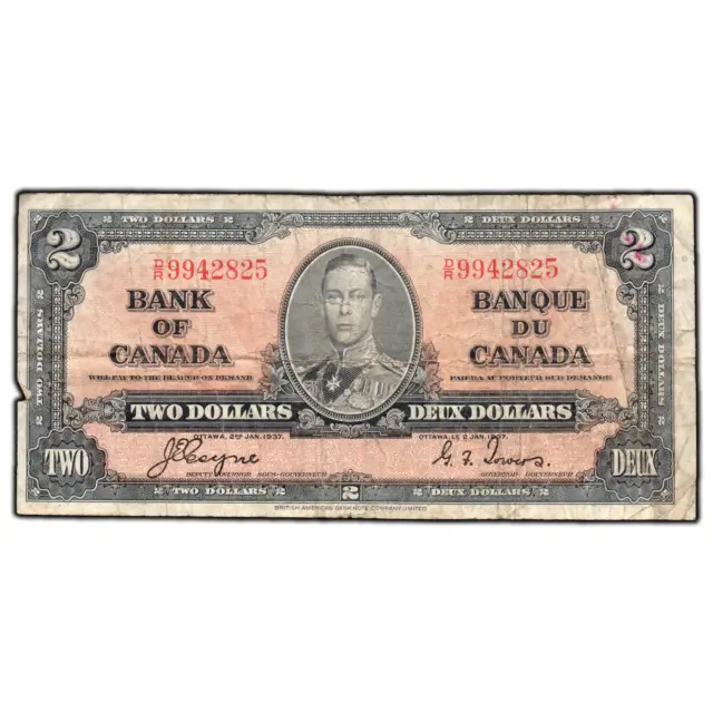 $2 1937 Bank of Canada Note Coyne-Towers D/R Prefix BC-22c - Tear