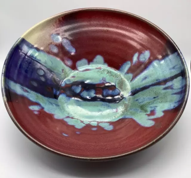 Art Pottery Large 10” Serving Bowl Red w/ Blue Green Drip Glaze, Signed