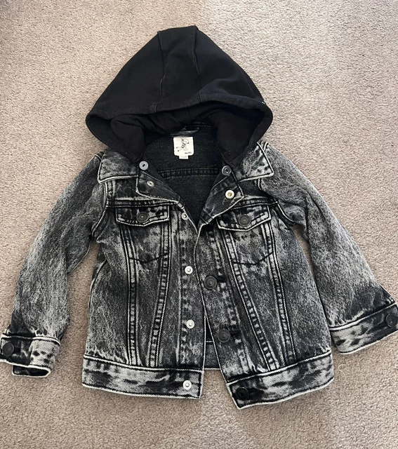 River Island Mini Baby Boy Black Washed Denim Jacket with Hood size 12-18 months