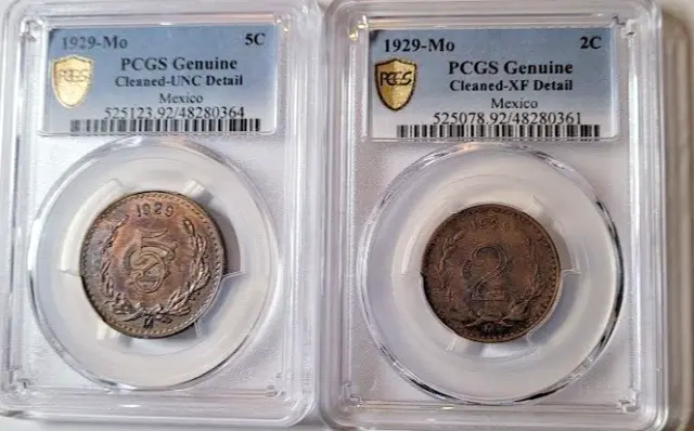 Lot (2) 1929-Mo Mexico 2 & 5 Centavos Certified PCGS Genuine XF & Unc Details
